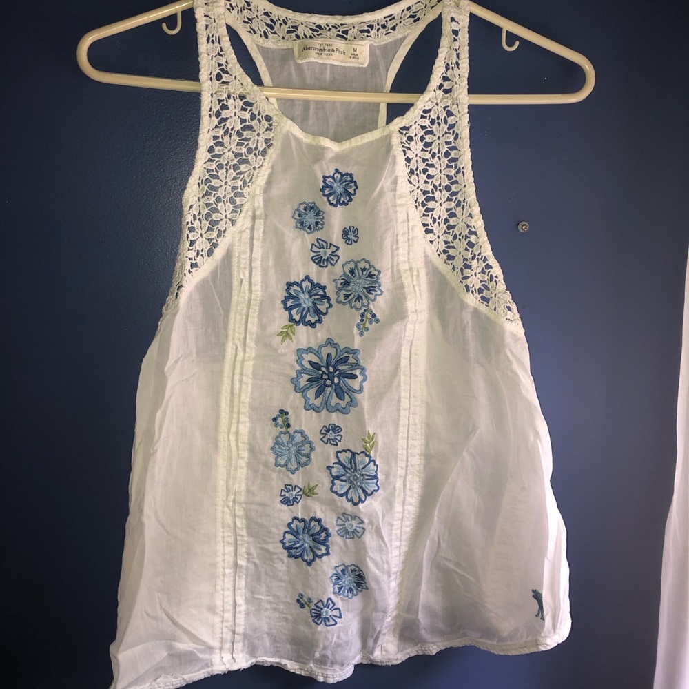 White Tank Top with Blue Flower Detail